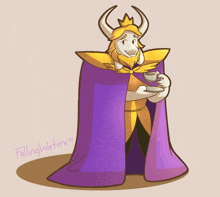 a drawing of a king with a purple cape and a cup of tea