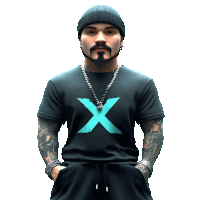 a man with a beard wearing a black shirt with a blue x on it