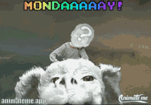 a cartoon of a man riding on the back of a white dog with the words mondaaaay written above him