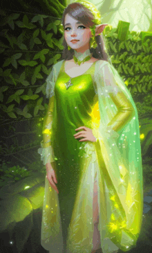 a girl in a green dress is standing in a forest