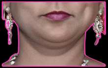 a close up of a woman 's face with a pink border