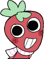 a cartoon drawing of a strawberry with big eyes and a green leaf on top .