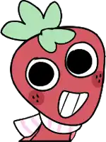 a cartoon drawing of a strawberry with big eyes and a green leaf on top .