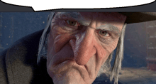 a close up of a man 's face with a speech bubble