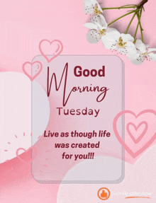 a good morning tuesday greeting card with hearts and flowers