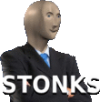 a bald man in a suit and tie is standing with his arms crossed and the words stonks .