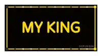 a sign that says my king in yellow letters on a black background