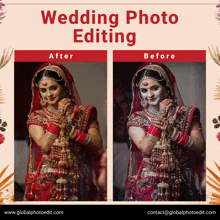 a before and after picture of a bride with the words wedding photo editing