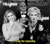 a woman is holding a microphone in front of a sign that says i can be spooky