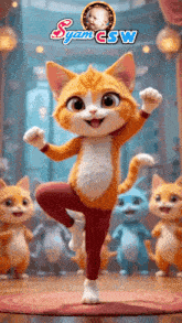 a cartoon cat is standing on one leg in front of a group of cats and says spam csw