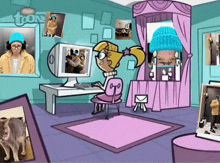 a cartoon of a girl looking at a computer screen with a toons sign above her