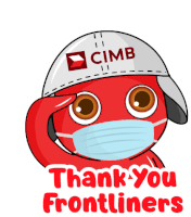 a red cartoon character wearing a face mask and a cimb helmet says thank you frontliners