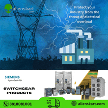 an ad for siemens switchgear products shows a factory with lightning strikes