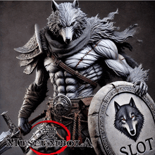 a statue of a werewolf holding a sword and a shield with slot written on it