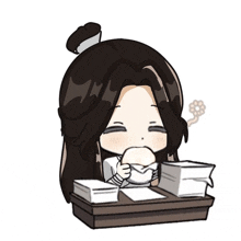 a cartoon drawing of a woman sitting at a desk with papers