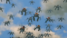 a bunch of robots are flying through the sky