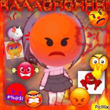 a picture of a girl with an angry face surrounded by various emojis including one that says % @ $ !
