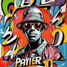 a colorful drawing of a man wearing a hat and sunglasses with the name payier on the bottom