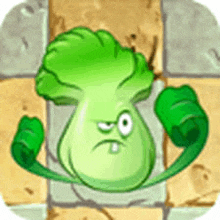 a cartoon character of a broccoli with a funny face is standing on a tiled floor .