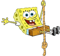 spongebob squarepants is hanging from a rope on a swing .