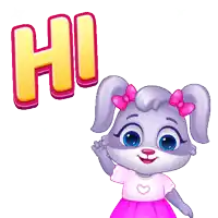 a cartoon rabbit with a pink bow on her head is waving at the word hi