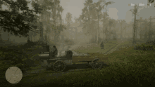 a screenshot of a video game shows a man driving a wagon in the woods with a time of 12:56