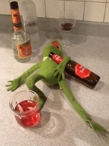 a stuffed frog laying on a counter next to a bottle of dale 's