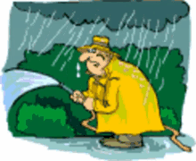 a cartoon of a man in a yellow raincoat spraying water