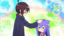 a boy petting a girl 's head with a cat ear