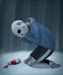 a drawing of a skeleton crying next to a bottle of ketchup