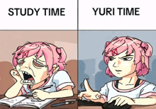 a cartoon of a girl sitting at a desk with the words study time and yuri time below her