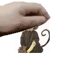 a hand is holding a monkey with a banana on its tail .