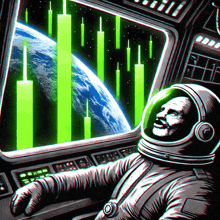 a drawing of a man in a space suit looking at a screen