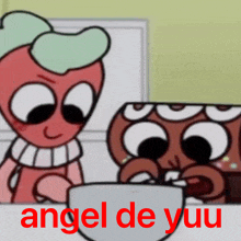 two cartoon characters are standing next to each other with the words angel de yuu in red