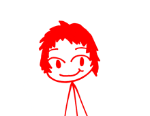 a stick figure with red hair is smiling and looking at the camera