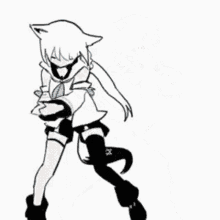 a black and white drawing of a girl with a cat 's head holding a glove .