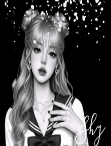 a black and white drawing of a girl with the name shy written on the bottom