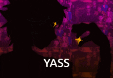 a silhouette of a person with the word yass in white letters