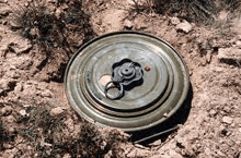 a round object is sitting on top of a pile of dirt in the dirt .