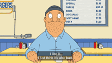 bob from bob 's burgers is sitting at a table with a menu in the background
