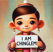 a cartoon character holds up a sign that says i am chinglem