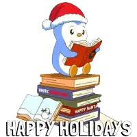 a penguin wearing a santa hat is reading a book on top of a pile of books