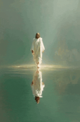 a man in a white robe walks across a body of water with his reflection in the water