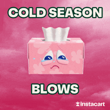 a box of tissues with a sad face on it and the words cold season blows below it