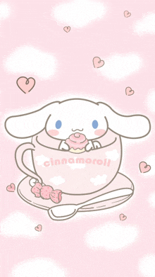 a cartoon drawing of cinnamoroll sitting in a cup