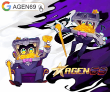 an advertisement for agen69 shows a cartoon character holding a cane and a chest full of gold