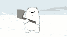 ice bear from we bare bears is holding an axe in his paws .