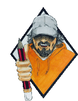 a drawing of a man with a beard holding a large pencil