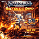 a poster for warbot run daily run shows a robot running through a fire