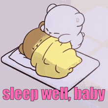 a cartoon of a teddy bear laying on a bed with the words `` sleep well , baby '' .